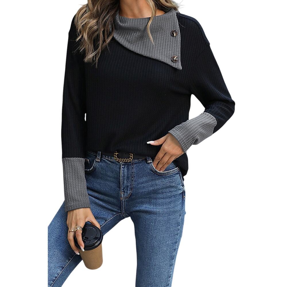 Black Waffle Knit Patchwork Color Block Asymmetrical Neck Top New Size Small - Picture 3 of 10